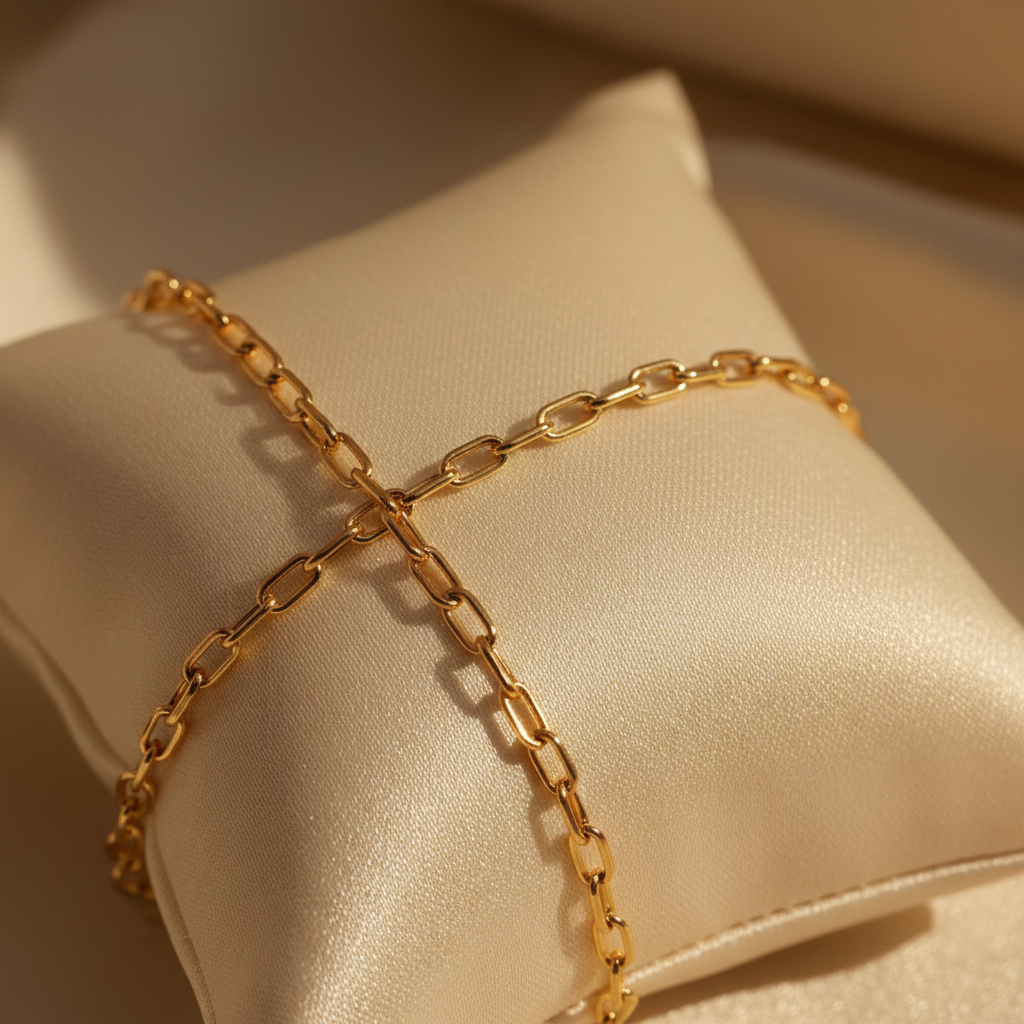 A delicate gold chain bracelet rests on a soft ivory silk cushion, bathed in warm light.