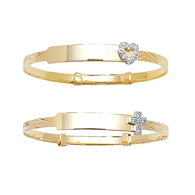 9ct Yellow Gold DC Babies Expandable Heart / Cross ID Bangles - 3mm | Shop Online Sarraf Jewellers UK