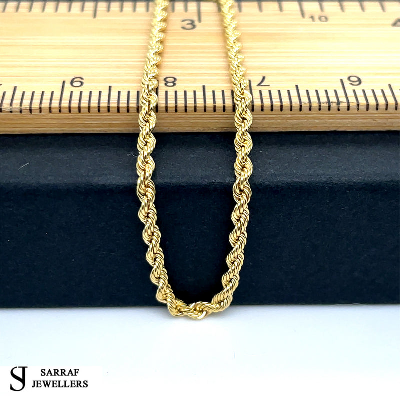9K Yellow Gold, Rope Chain, Hollow, Plain, Necklace, Spring Ring Clasp, 2MM , All Size, Stamp & Hallmarked
