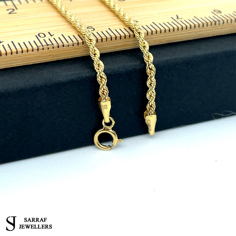 9K Yellow Gold, Rope Chain, Hollow, Plain, Necklace, Spring Ring Clasp, 2MM , All Size, Stamp & Hallmarked