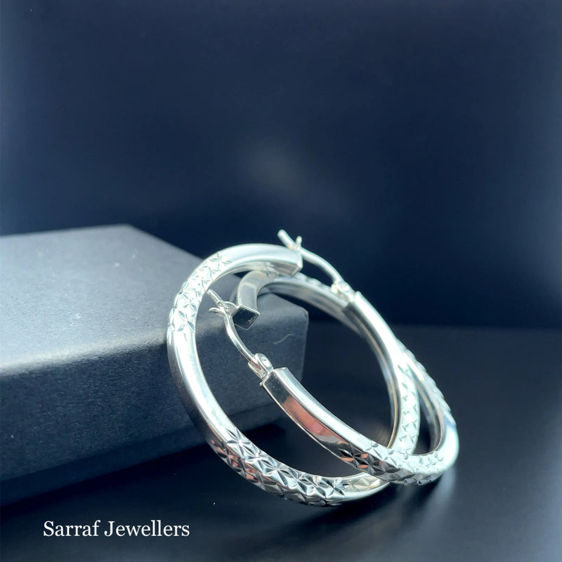 925 Sterling Silver Diamond Cut Hoop Earrings – 20mm, 25mm, 30mm | Shop Online Sarraf Jewellers UK