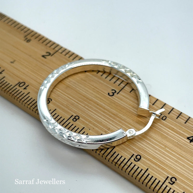 925 Sterling Silver Diamond Cut Hoop Earrings – 20mm, 25mm, 30mm | Shop Online Sarraf Jewellers UK