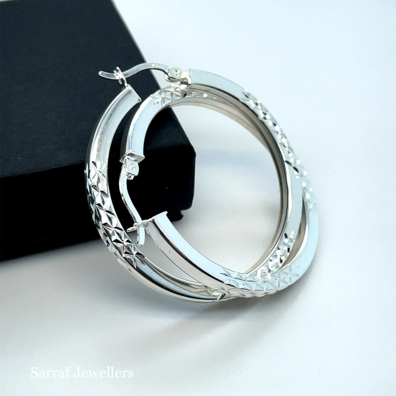 925 Sterling Silver Diamond Cut Hoop Earrings – 20mm, 25mm, 30mm | Shop Online Sarraf Jewellers UK