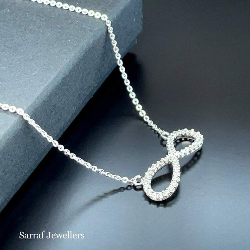 925 Sterling Silver CZ Infinity Pendant On Cable Chain - 1mm | Shop Online Sarraf Jewellers UK