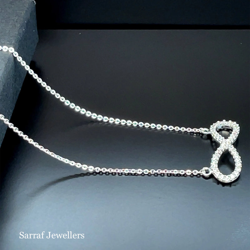 925 Sterling Silver CZ Infinity Pendant On Cable Chain - 1mm | Shop Online Sarraf Jewellers UK