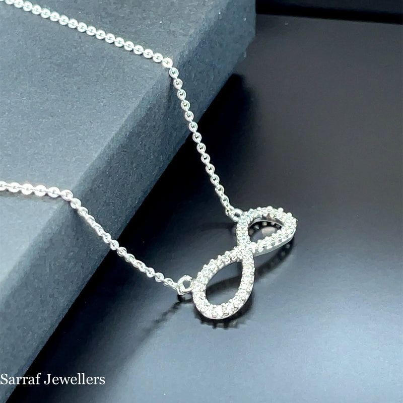 925 Sterling Silver CZ Infinity Pendant On Cable Chain - 1mm | Shop Online Sarraf Jewellers UK