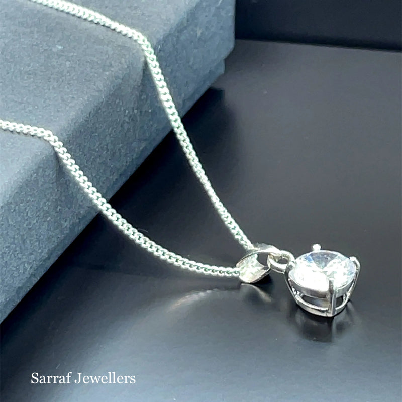 925 Sterling Silver CZ Pendant on Chain - 7mm | Shop Online Sarraf Jewellers UK