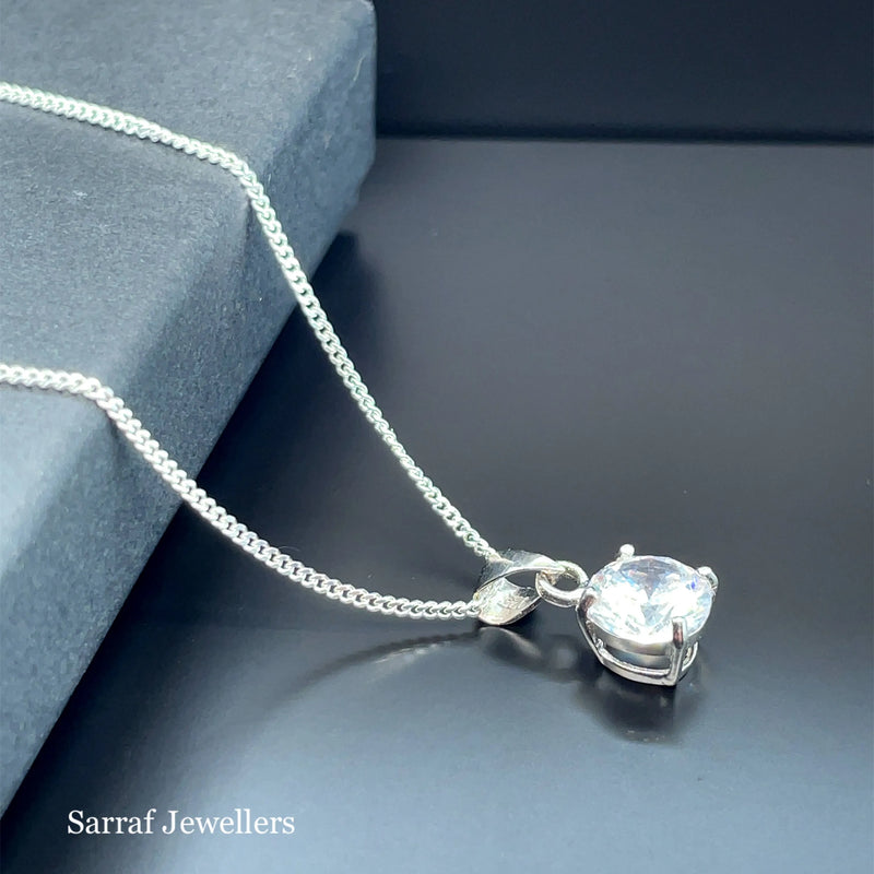 925 Sterling Silver CZ Pendant on Chain - 7mm | Shop Online Sarraf Jewellers UK