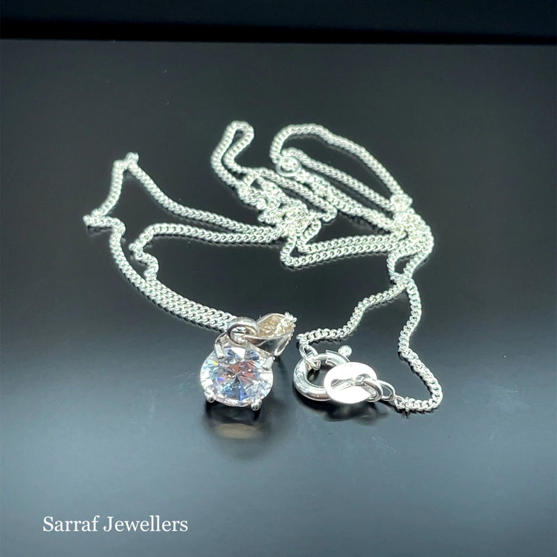 925 Sterling Silver CZ Pendant on Chain - 7mm | Shop Online Sarraf Jewellers UK