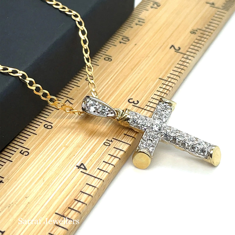 9ct Yellow Gold Small & Large CZ Simulated Diamond Cross Pendant | Shop Online Sarraf Jewellers UK
