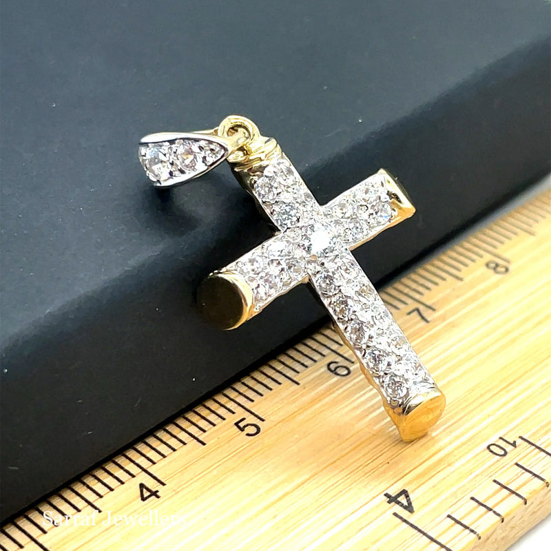 9ct Yellow Gold Small & Large CZ Simulated Diamond Cross Pendant | Shop Online Sarraf Jewellers UK