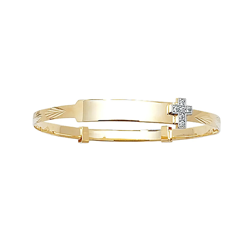 9ct Yellow Gold DC Babies Expandable Heart / Cross ID Bangles - 3mm | Shop Online Sarraf Jewellers UK