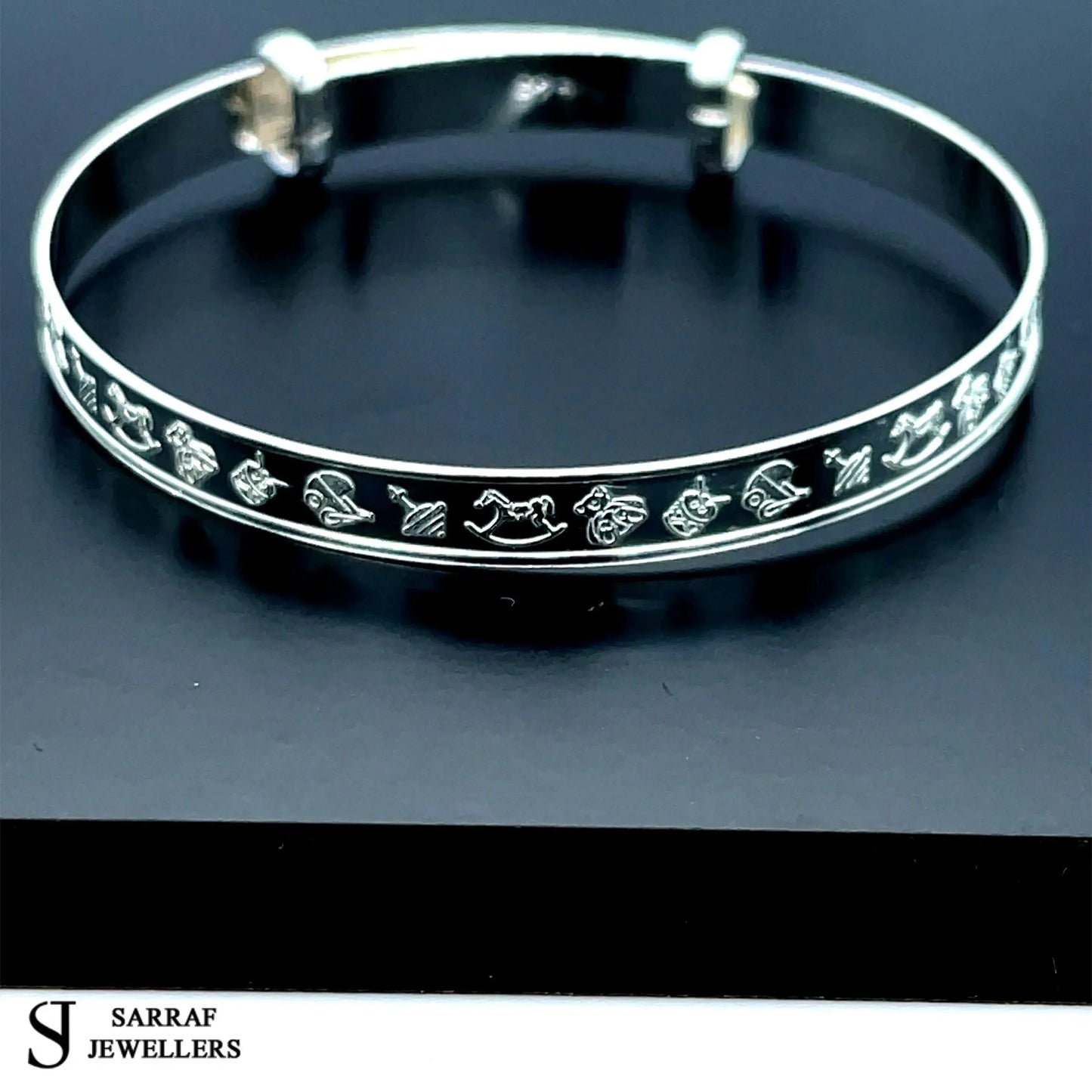 Silver Baby Bangle Child Expandable 925 SOLID Cute Embossed Symbols Pattern NEW* - Sarraf Jewellers
