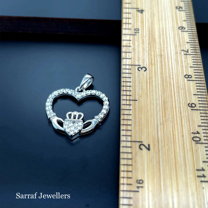 Silver HEART CLADDAGH PENDANT 925 Sterling Silver Rhodium Plated Design UK Hallmarked | Shop Online Sarraf Jewellers UK