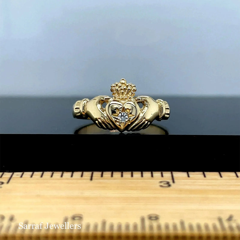 9ct Yellow Gold Star CZ Traditional Irish Claddagh Ring | Shop Online Sarraf Jewellers UK