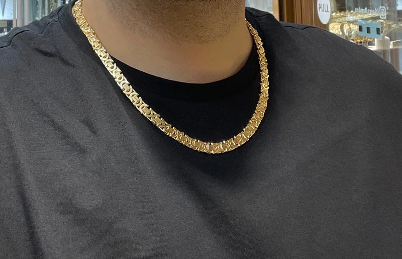 9ct Yellow Gold Flat Byzantine King Chain Greek Design - 7mm | Shop Online Sarraf Jewellers UK