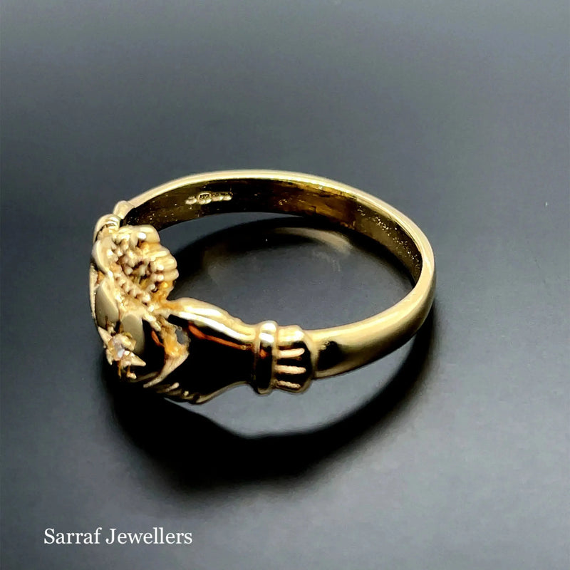 9ct Yellow Gold Star CZ Traditional Irish Claddagh Ring | Shop Online Sarraf Jewellers UK