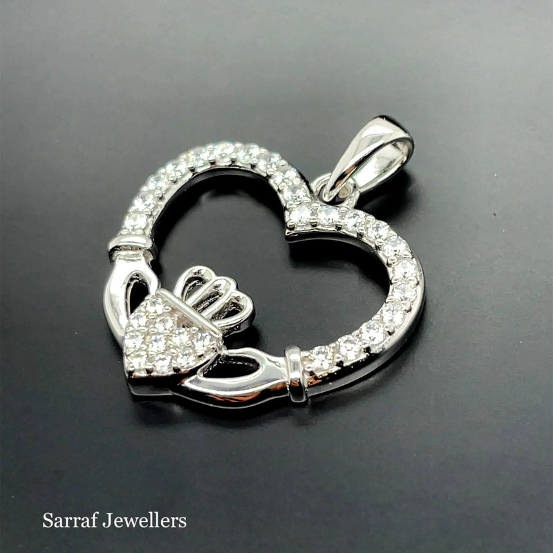 Silver HEART CLADDAGH PENDANT 925 Sterling Silver Rhodium Plated Design UK Hallmarked | Shop Online Sarraf Jewellers UK