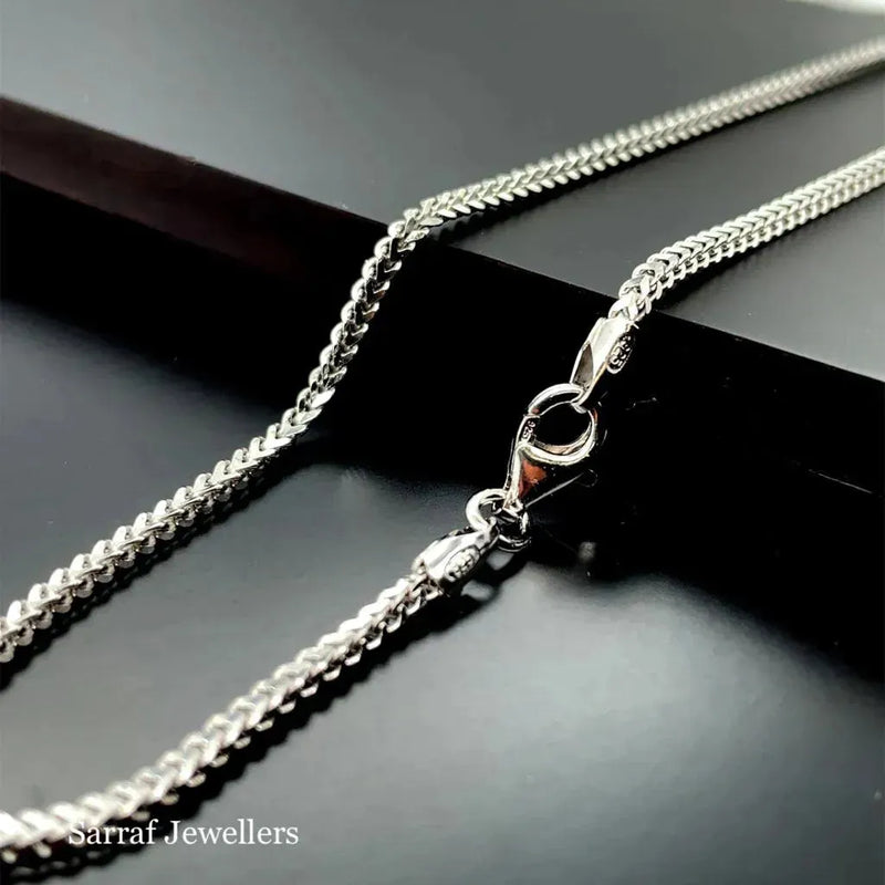 Silver Franco Chain V-Cut Design Rhodium Plated Necklace UK Hallmarked - 1.5mm | Shop Online Sarraf Jewellers UK