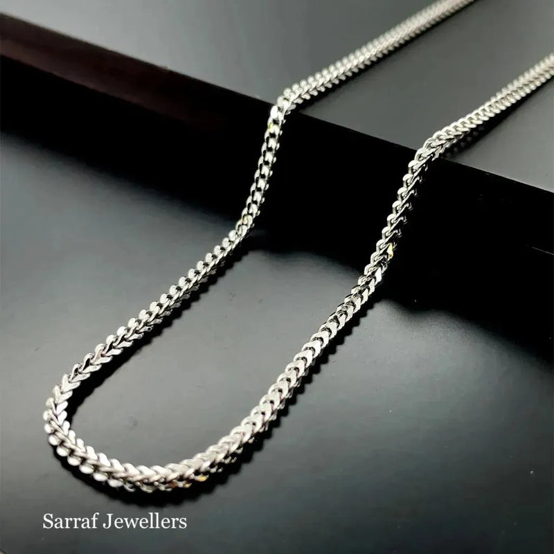 Silver Franco Chain V-Cut Design Rhodium Plated Necklace UK Hallmarked - 1.5mm | Shop Online Sarraf Jewellers UK