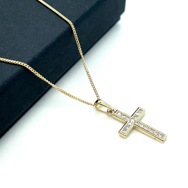 Gold Small CZ Cross Pendant 9k Yellow and White Gold, Cubic Zirconia Shiny Cross, Cross for Woman, Cross For Men - Sarraf Jewellers