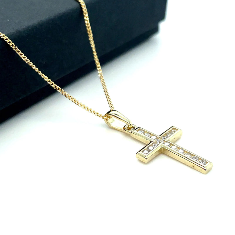 Gold Small CZ Cross Pendant 9k Yellow and White Gold, Cubic Zirconia Shiny Cross, Cross for Woman, Cross For Men - Sarraf Jewellers