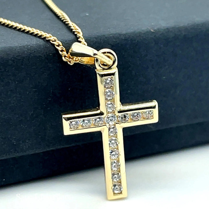Gold Small CZ Cross Pendant 9k Yellow and White Gold, Cubic Zirconia Shiny Cross, Cross for Woman, Cross For Men - Sarraf Jewellers