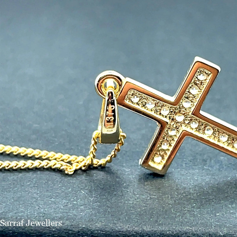 Gold Small CZ Cross Pendant 9k Yellow and White Gold, Cubic Zirconia Shiny Cross, Cross for Woman, Cross For Men - Sarraf Jewellers