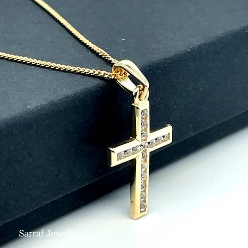 Gold Small CZ Cross Pendant 9k Yellow and White Gold, Cubic Zirconia Shiny Cross, Cross for Woman, Cross For Men - Sarraf Jewellers