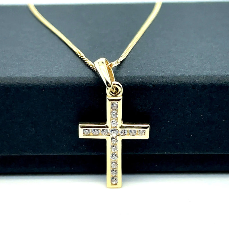 Gold Small CZ Cross Pendant 9k Yellow and White Gold, Cubic Zirconia Shiny Cross, Cross for Woman, Cross For Men - Sarraf Jewellers