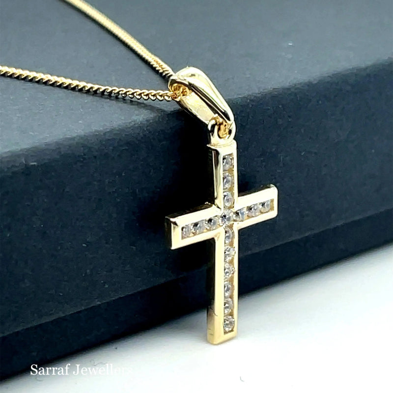 Gold Small CZ Cross Pendant 9k Yellow and White Gold, Cubic Zirconia Shiny Cross, Cross for Woman, Cross For Men - Sarraf Jewellers