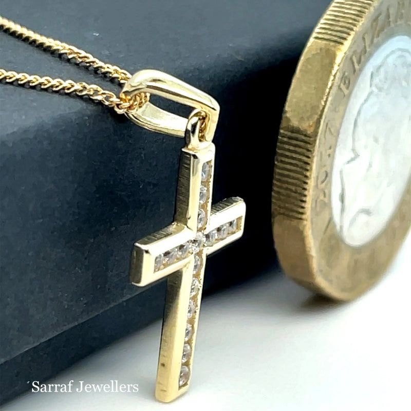 Gold Small CZ Cross Pendant 9k Yellow and White Gold, Cubic Zirconia Shiny Cross, Cross for Woman, Cross For Men - Sarraf Jewellers
