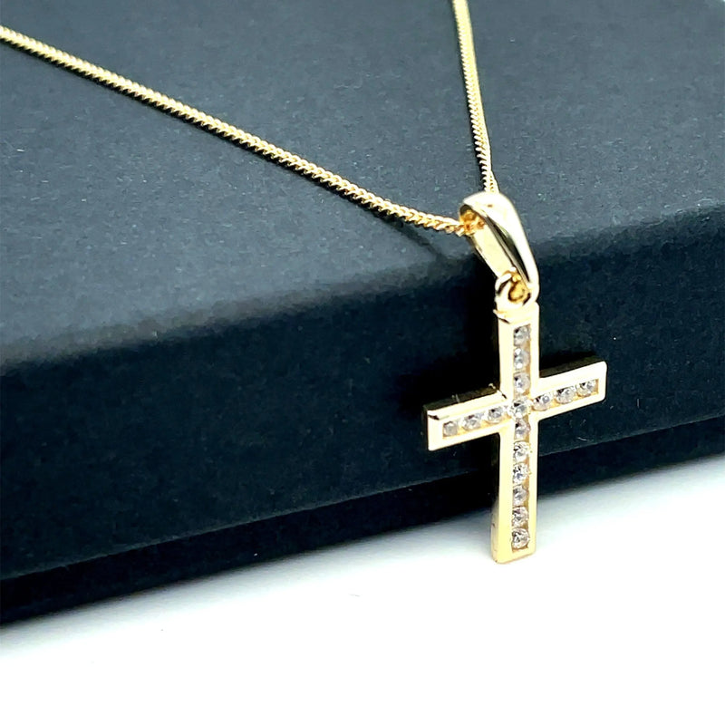 Gold Small CZ Cross Pendant 9k Yellow and White Gold, Cubic Zirconia Shiny Cross, Cross for Woman, Cross For Men - Sarraf Jewellers
