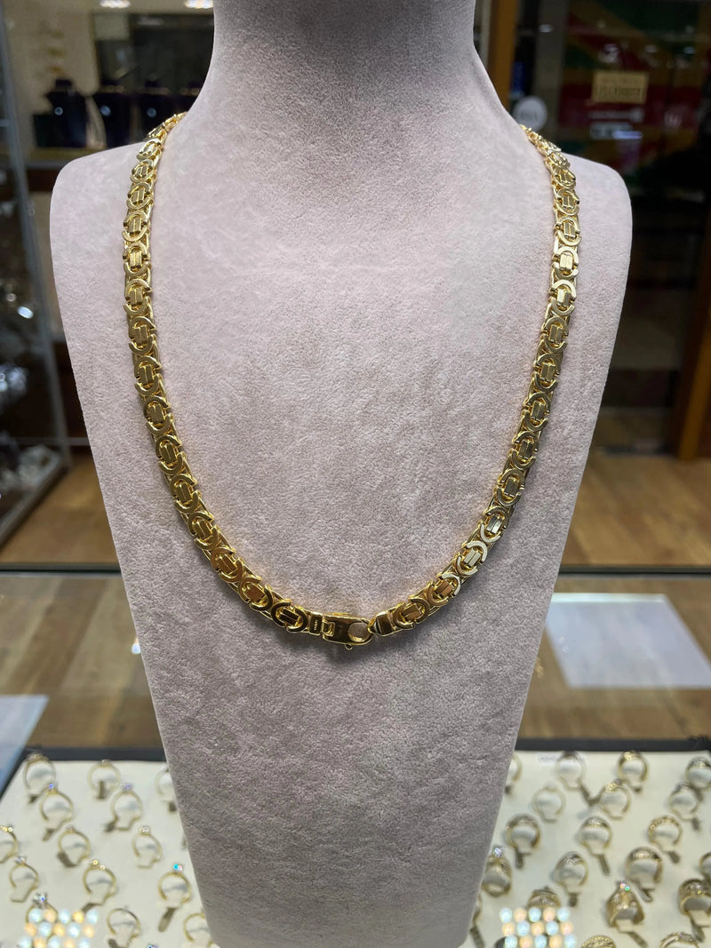 Heavy Byzantine KING 9ct Yellow Gold 7mm Wide Solid Flat Chain Men's 20" 47.8GR - Sarraf Jewellers