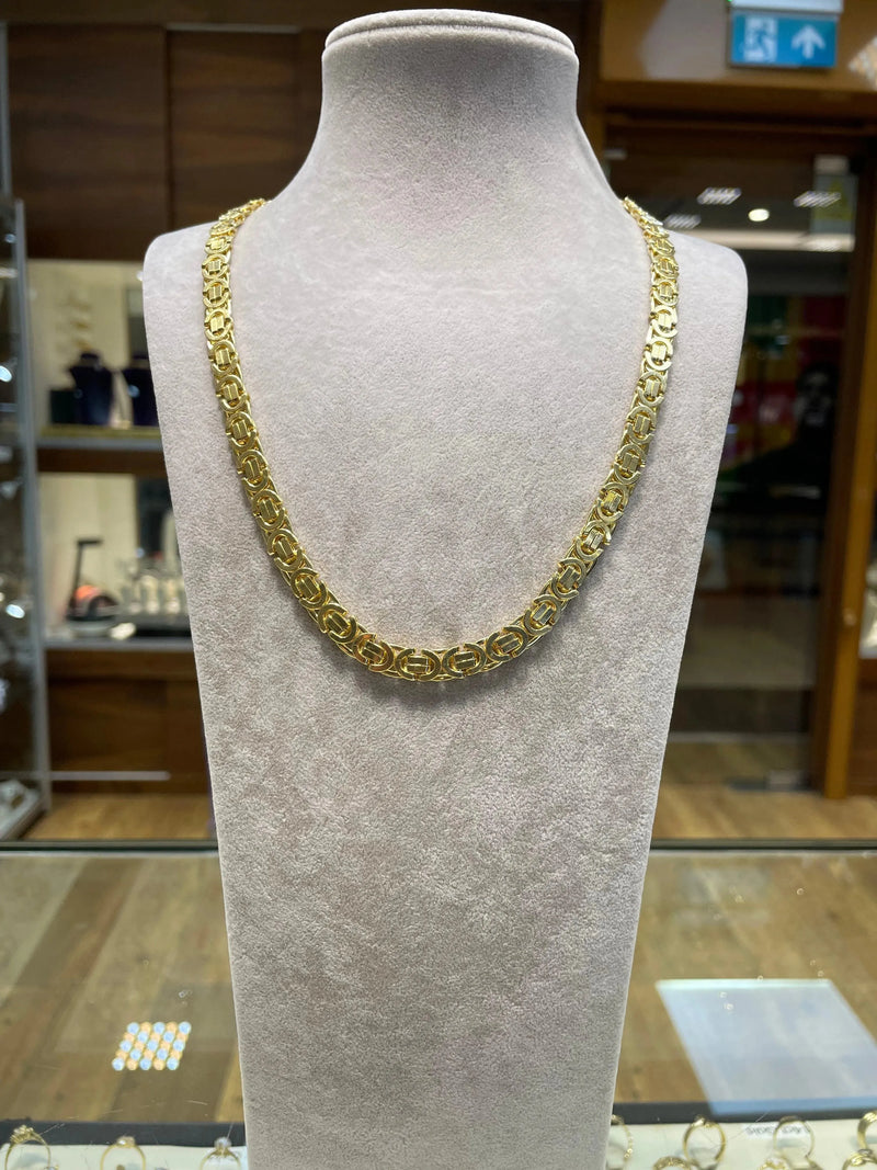 Heavy Byzantine KING 9ct Yellow Gold 7mm Wide Solid Flat Chain Men's 20" 47.8GR - Sarraf Jewellers