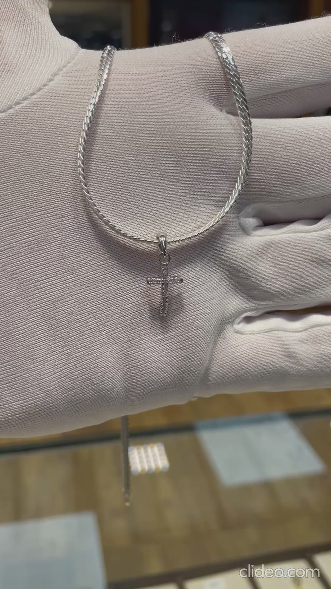 925 Sterling Silver Rhodium Plated Curved Cross Pendant CZ Stone | Shop Online Sarraf Jewellers UK