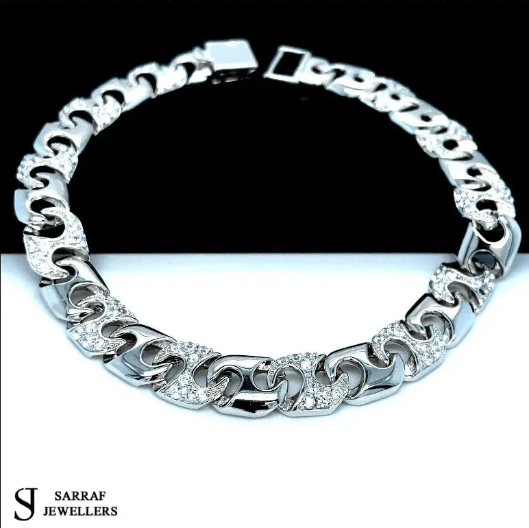 Silver Cast Anchor Link Bracelet Mens CZ Simulated Diamond Design | Shop Online Sarraf Jewellers UK - Sarraf Jewellers