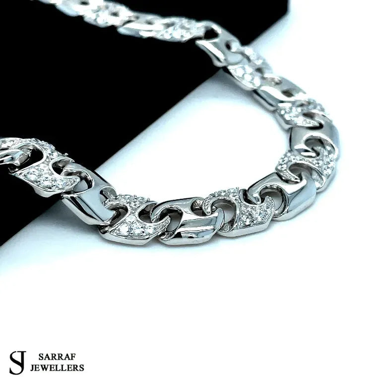 Silver Cast Anchor Link Bracelet Mens CZ Simulated Diamond Design | Shop Online Sarraf Jewellers UK - Sarraf Jewellers