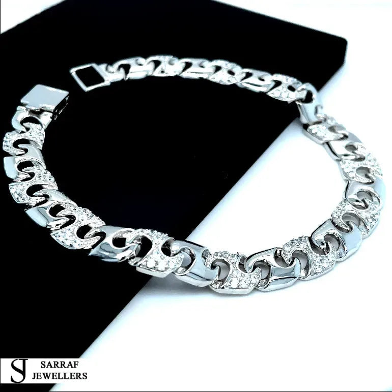 Silver Cast Anchor Link Bracelet Mens CZ Simulated Diamond Design | Shop Online Sarraf Jewellers UK - Sarraf Jewellers
