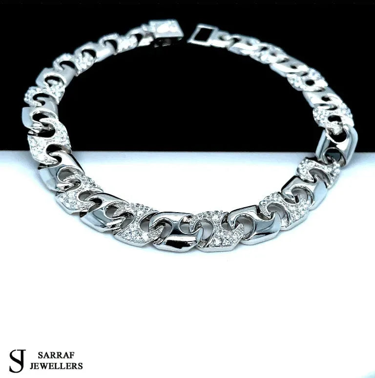 Silver Cast Anchor Link Bracelet Mens CZ Simulated Diamond Design | Shop Online Sarraf Jewellers UK - Sarraf Jewellers