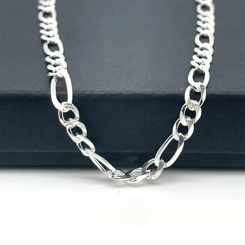 Silver Figaro Chain Plain Pave Link Design Necklace UK Hallmarked | Shop Online Sarraf Jewellers UK - Sarraf Jewellers