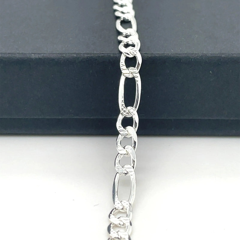 Silver Figaro Chain Plain Pave Link Design Necklace UK Hallmarked | Shop Online Sarraf Jewellers UK - Sarraf Jewellers