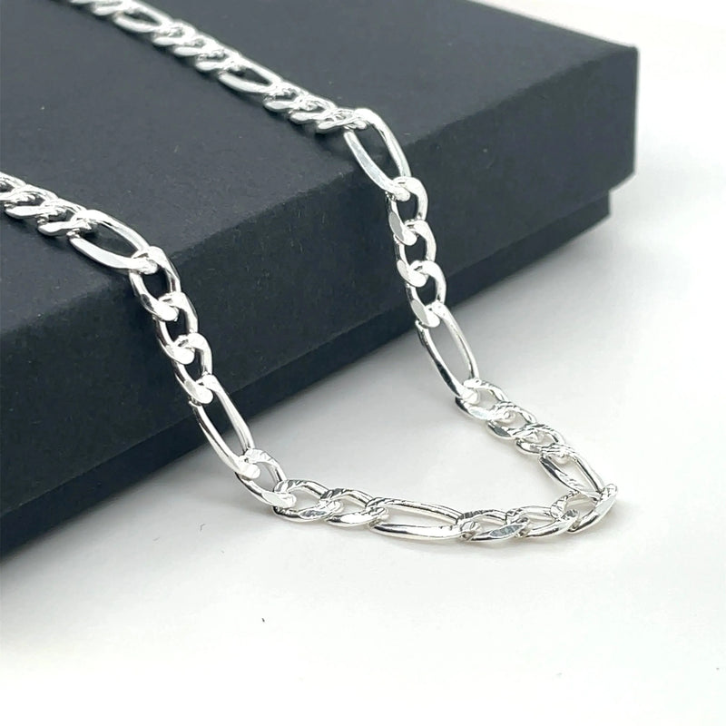 Silver Figaro Chain Plain Pave Link Design Necklace UK Hallmarked | Shop Online Sarraf Jewellers UK - Sarraf Jewellers