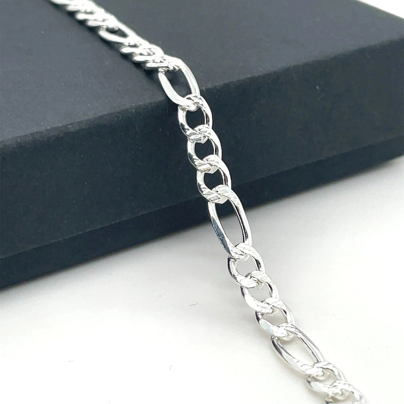 Silver Figaro Chain Plain Pave Link Design Necklace UK Hallmarked | Shop Online Sarraf Jewellers UK - Sarraf Jewellers