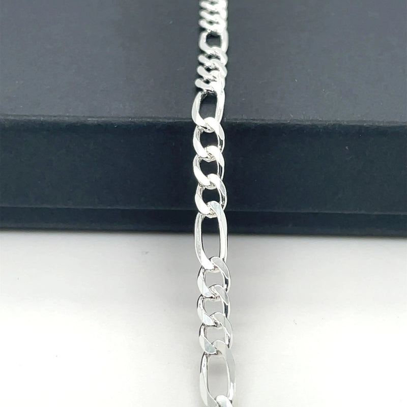 Silver Figaro Chain Plain Pave Link Design Necklace UK Hallmarked | Shop Online Sarraf Jewellers UK - Sarraf Jewellers