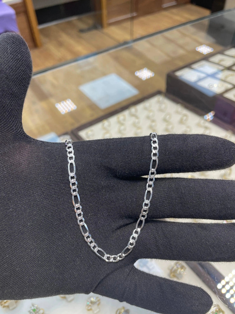 Silver Figaro Chain Plain Pave Link Design Necklace UK Hallmarked | Shop Online Sarraf Jewellers UK - Sarraf Jewellers