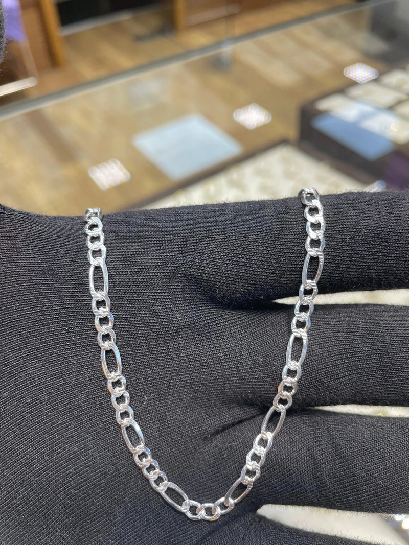 Silver Figaro Chain Plain Pave Link Design Necklace UK Hallmarked | Shop Online Sarraf Jewellers UK - Sarraf Jewellers