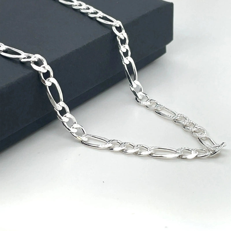 Silver Figaro Chain Plain Pave Link Design Necklace UK Hallmarked | Shop Online Sarraf Jewellers UK - Sarraf Jewellers