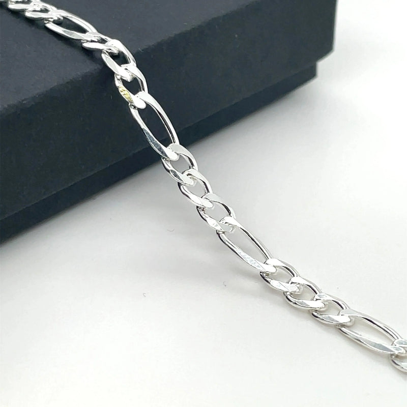 Silver Figaro Chain Plain Pave Link Design Necklace UK Hallmarked | Shop Online Sarraf Jewellers UK - Sarraf Jewellers