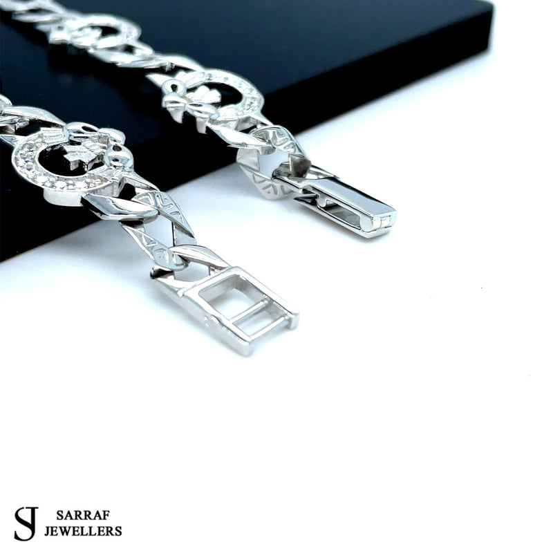 Silver Flat Claddagh Link CZ Simulated Diamond Design Bracelet | Shop Online Sarraf Jewellers UK - Sarraf Jewellers